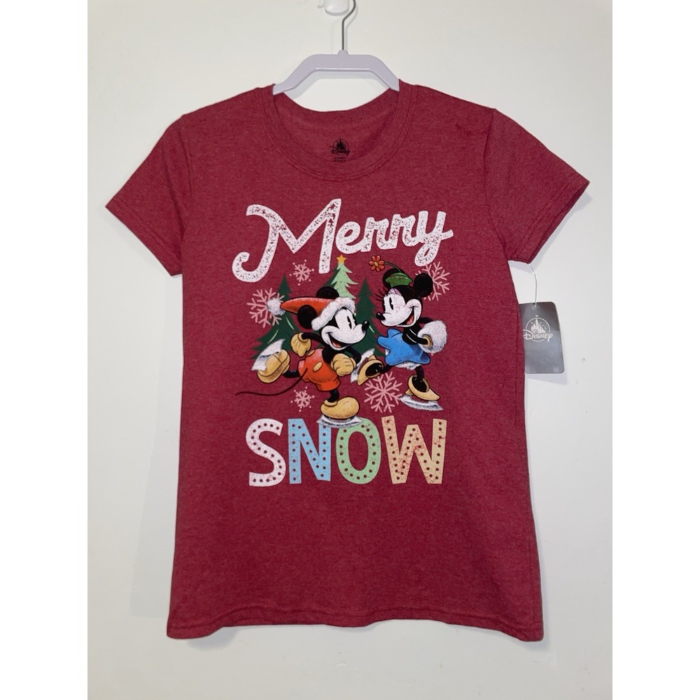Disney Shirt Womens XS Merry SNOW Mickey Minnie Christmas Graphic Red Tee